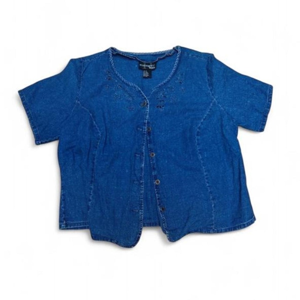 Requirements Woman Vintage Denim Blue Linen Blend Eyelet Embroidered Blouse 1X